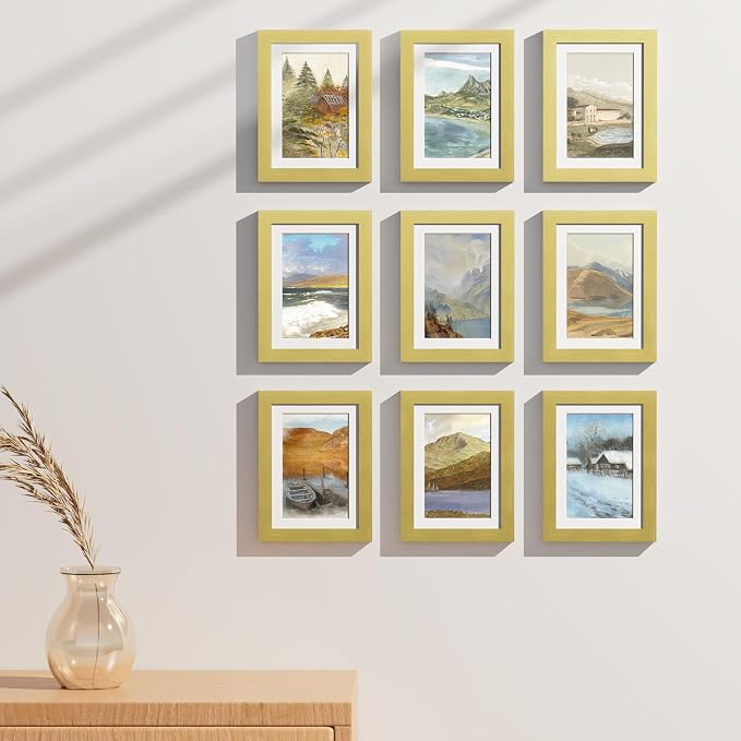 Vittanly 5x7 Picture Frames Set of 9 for Wall or Tabletop Display, Gold | Display Pictures 4x6 with Mat or 5x7 without Mat, Small Photo Frames, Engineered Wood with Shatter Resistant Plexiglass