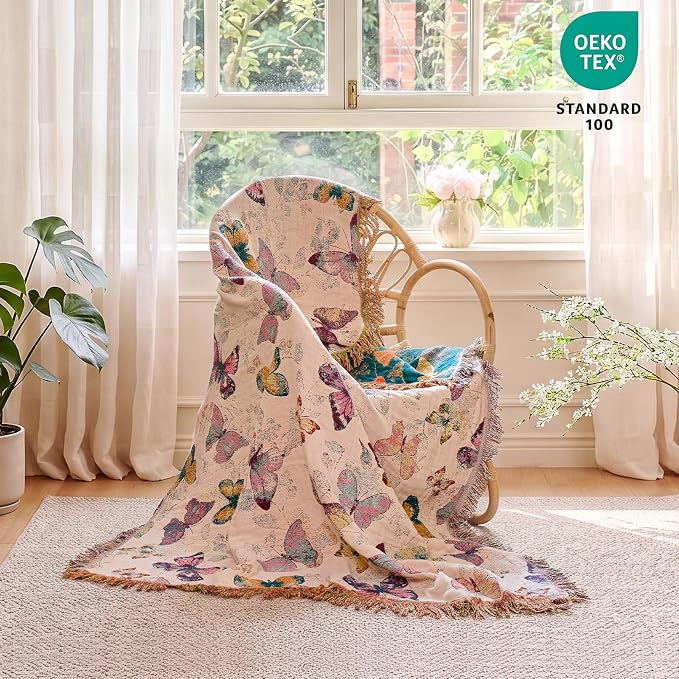 MSGKV Boho Throw Cotton Butterfly Blanket 60"x80" for Couch Sofa Decor | Muslin Blanket, Twin Size, Summer Breathable, All Seasons, Lightweight, Travel Friendly, Farmhouse Decor, Machine Washable