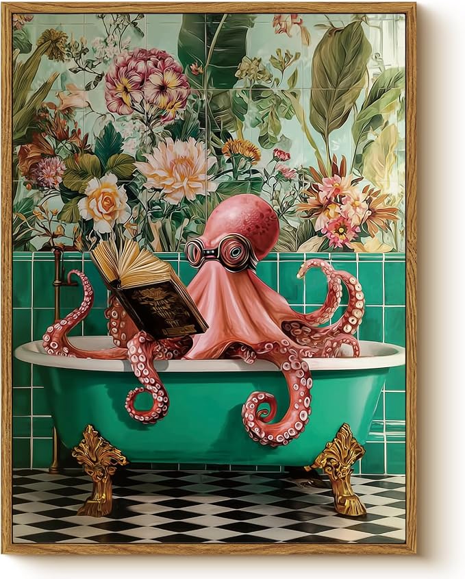 WHASAYART Framed Funky Funny Octopus Reading on bathtub Wall Art Canvas 12"x16", Whimsical, Floral and Botanical, Ocean Animal Abstract Modern Style Print for Bathroom Washroom Restroom Decor