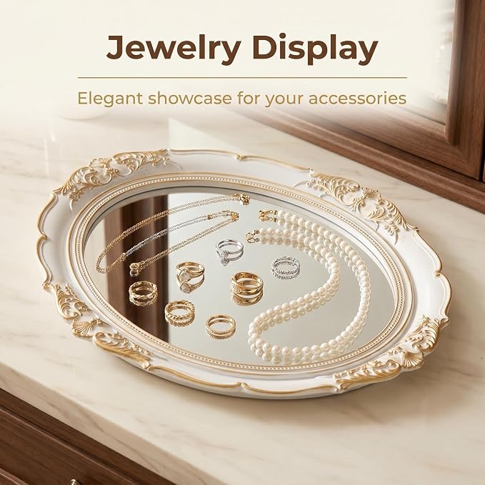 White Gold Trim Oval Mirror Decor Tray 15x13.4 Inch Wall Mounted Hook Vanity Organizer for Jewelry Cosmetics Dessert Photography Prop Bedroom Living Room