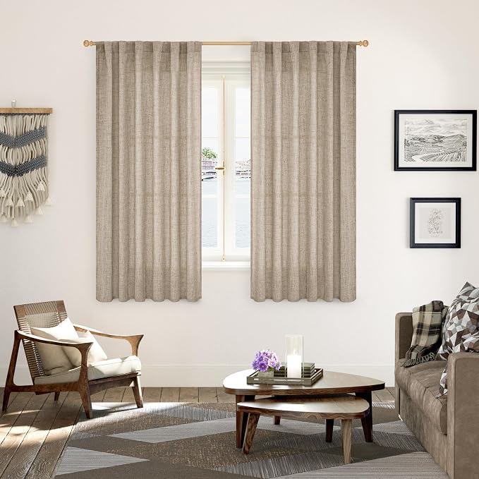 YoungsTex Dark Oatmeal Linen Curtains 63 Inches Long for Living Room Window | ,Semi Sheer Drapes Light Filtering with Rod Pocket Back Tab for Bedroom Farmhouse Rustic Privacy, 2 Panels, 52 X 63 Inch