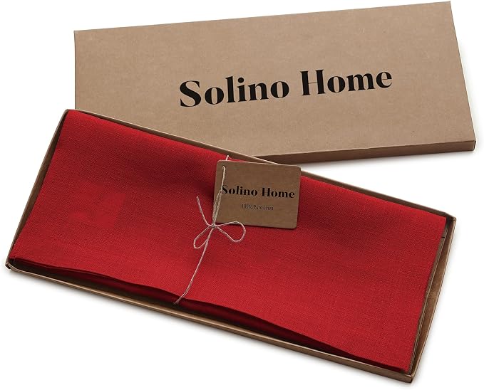 Solino Home 100% Pure Linen Dining Table Runner Red Woven, Fete 14 x 60 in | brings a tailored look to family meals and hosting, European flax fibres, naturally breathable, Red, soft, OEKO-TEX Certified