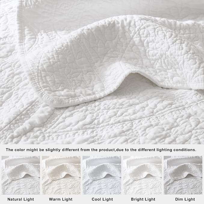 palassio White Paisley 100% Cotton Quilt Queen Size Bedding Sets with 2 Pillow Shams, Boho Floral Lightweight Farmhouse Country Vintage Soft Bedspread Shabby Chic Coverlet for All Season, 3 Pieces