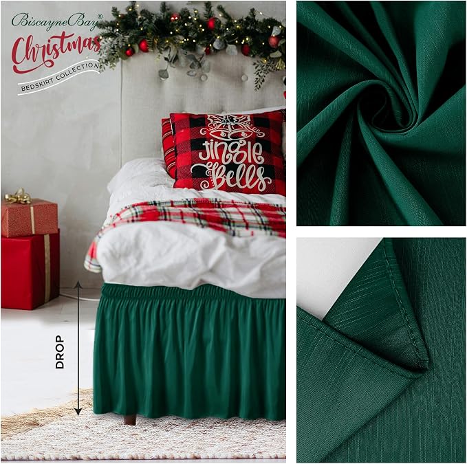 Wrap Around Queen Size Bed Skirt 15" Drop-Elastic Dust Ruffle Hunter Green | Adjustable Pleated Bedskirt-Easy Fit Wrinkle Resistant Washable Hotel Quality Fabric Bed Skirting-Master Guest Bedroom Rental