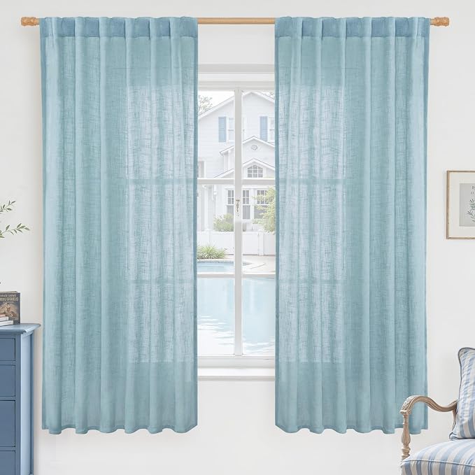 Semi Sheer Linen Curtains 63 Inch for Living Room 52 x 63 Inch | Curtains for Bedroom, Kitchen, Small Window, Light Filtering, Neutral Farmhouse, Rod Pocket Back Tab, Stone Blue, 2 Panels