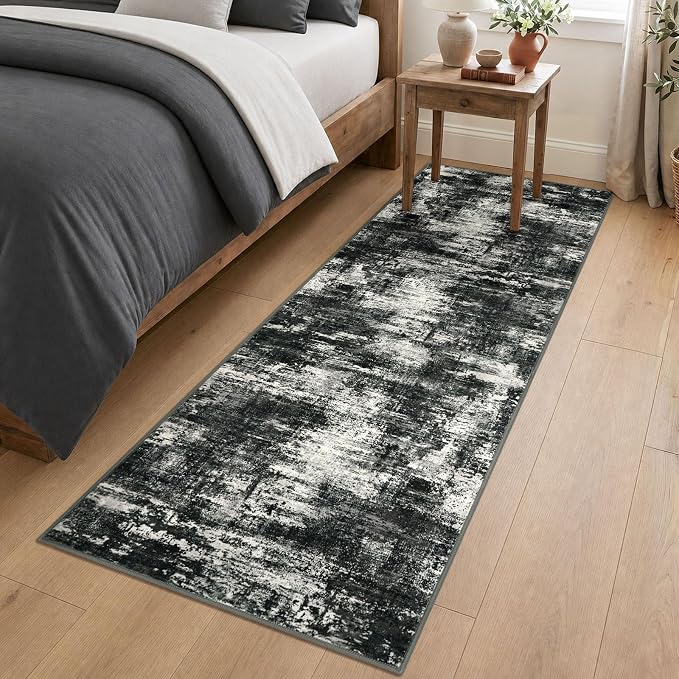 Lansny Abstract Washable 2x7 Runner Rug Runners for Hallways Non Slip | Charcoal Black;Thin Printed Faux Wool Entryway Runner Indoor;Hallway Runner Rug;7ft Floor Carpet Runners;Bedroom Runners