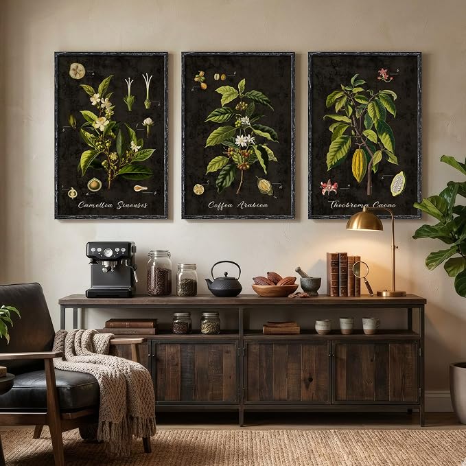 Large Vintage Framed Botanical Wall Art for Living Room, 3 Piece Dark Green Coffee Plant Canvas Prints Paintings, Retro Leaf Moody Pictures for Dining Room Coffee Bar Kitchen Wall Decor, 24x36 Inch