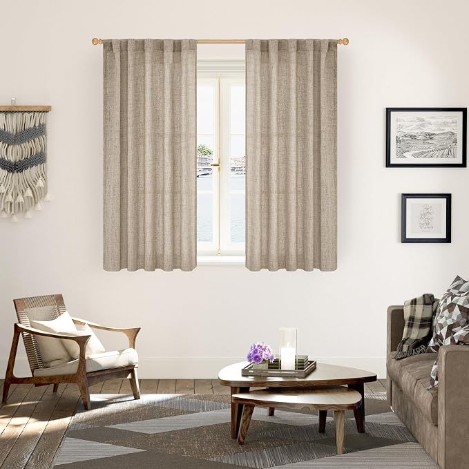 YoungsTex Dark Oatmeal Linen Semi Sheer Curtains 48 Inch Length 2 Panels | Burlap Tan Drapes with Rod Pocket Back Tab for Short Bathroom Living Room Window Light Filtering, 42 X 48 Inch