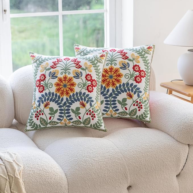 YIcabinet Pack of 2 Throw Pillow Covers,Embroidered Pillow Case Soft Square Decorative Pillowcases for Home Sofa Couch 18x18 Inch