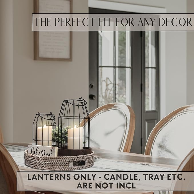 Rustic Farmhouse Lantern Decor Set of 2 - Stylish Decorative Lanterns for Your Living Room, Patio & Porch or Kitchen Dining Table - Modern Indoor/Outdoor Coffee Table Decor for Your Entire Home