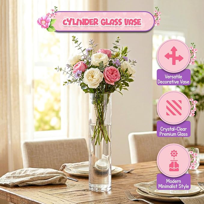 16" Tall Cylinder Glass Vase, 3.5" Wide - Clear Glass Vase for Centerpiece, Floor Vase, Flowers, Candle Holder, Wedding Table Decor by 4E's Novelty (Pack of 3)