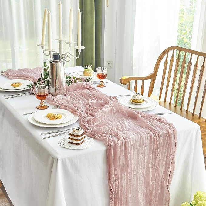 IVAPUPU Dusty Pink Table Runner 120 Inches for Birthday Party Home Decor | 6 Pcs Boho Gauze 10FT Cheesecloth Table Runners for Wedding Baby Shower Decorations Summer Garden Farmhouse
