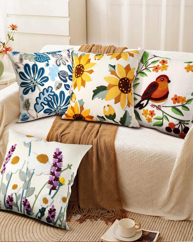 Embroidered Throw Pillow Cover - 18x18 Decorative Pillow Cover with Zipper Aesthetic Cute Design Boho Spring Summer Throw Pillowcase for Living Room Couch Sofa Bed, Sunflower