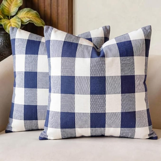 CARRIE HOME Navy Blue Buffalo Check Pillow Covers 18x18 Set of 2 Blue Bufflao Plaid Outdoor Pillow Covers Navy Throw Pillows for Farmhouse Christmas Decor
