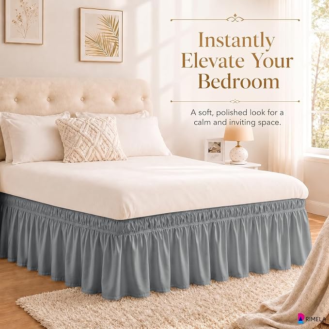 Grey Bed Skirt Queen Size 15 Inch Drop, Elastic Wrap Around Bedskirt | Solid Ruffled, Easy to Use, No Mattress Lifting, Wrinkle & Fade Resistant, with Adhesive Strips, Machine Wash/Dry/Iron
