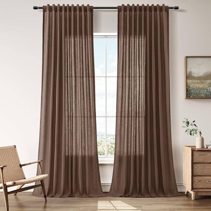 Linen Curtains 96 Inches Long for Living Room Back Tab Semi Sheer Floor to Ceiling 8ft Light Filtering Curtain Boho Farmhouse Decor Window Drapes for Bedroom 52x96 2 Panels Caramel Brown