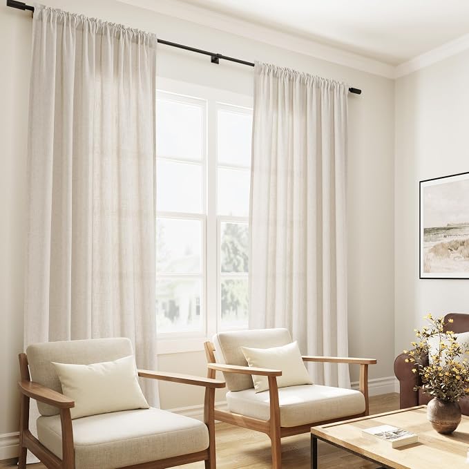 Warm Beige Linen Curtains 84 Inches Long 2 Panel Set Rod Pocket Semi Sheer Dining Room Cozy Bedroom Decor Cotton Look Country Rustic Farmhouse Boho Curtains 52x84