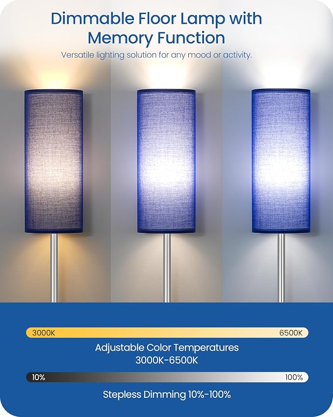 Dimmable Floor Lamps for Living Room with Remote and Foot Switch, 64.4” Modern Standing Tall Lamp, Corner Lamp for Bedroom, Office, Bulb Included, 3000K-6500K, Blue and Silver, FCC Listed SU06LD05W1