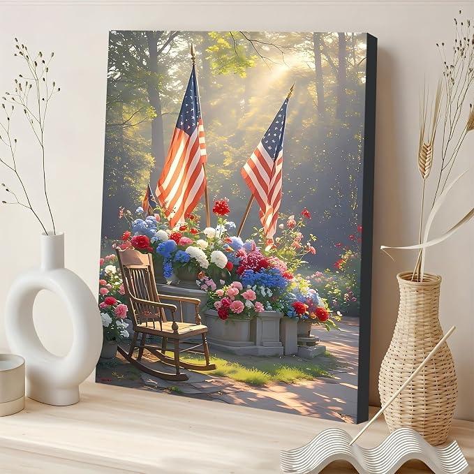 Framed American Flag Floral Garden Wall Art, Patriotic 4th of July Canvas Art Pictures, USA Flag Flower Wall Decor, Made in USA Ready to Hang for Living Room Porch