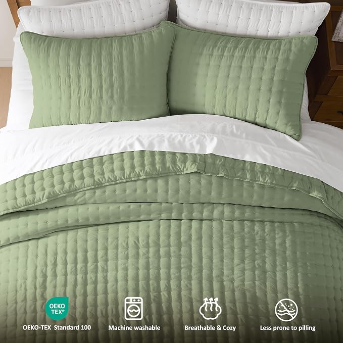 WDCOZY Sage Green Cloud Quilt Set Twin Size, Lightweight Soft Cross Stitch Bedspread, Farmhouse Rustic Country Coverlet, Spring Summer Thin Comforter, 2 Pieces, 1 Pillow Sham, 68x90 inches