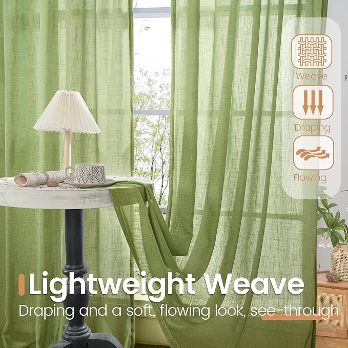 BGment 45 Inch Length Green Linen Curtains for Kitchen Window - Short Drapes Semi Sheer Textured Light Filtering with Rod Pocket for Cafe Front Door Window, 2 Panels Set, 30 X 45 Inch