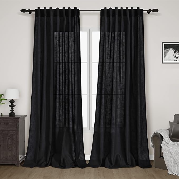 Long Black Curtain 105 inches Long 2 Panels Set for Living Room Back Tab Modern Farmhouse Muslin Look Decor Cotton Textured Black Sheer Linen Curtains 105 inch Length for Large Window