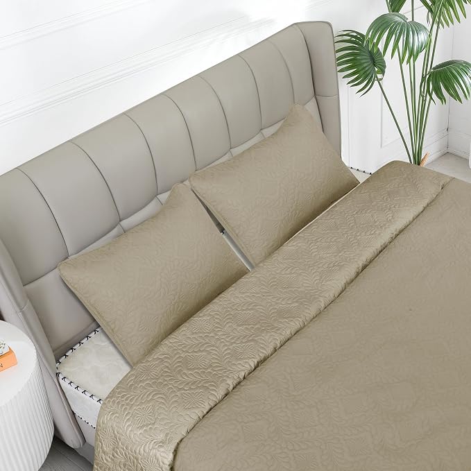 Easy-Going Reversible Quilt Set Twin, Bedspread with 1 Shams | Olive leaf-Beige/Beige, Lightweight Bed Comforter, 1 Quilt + 1 Pillow Shams, All-Season Coverlets for Bedroom
