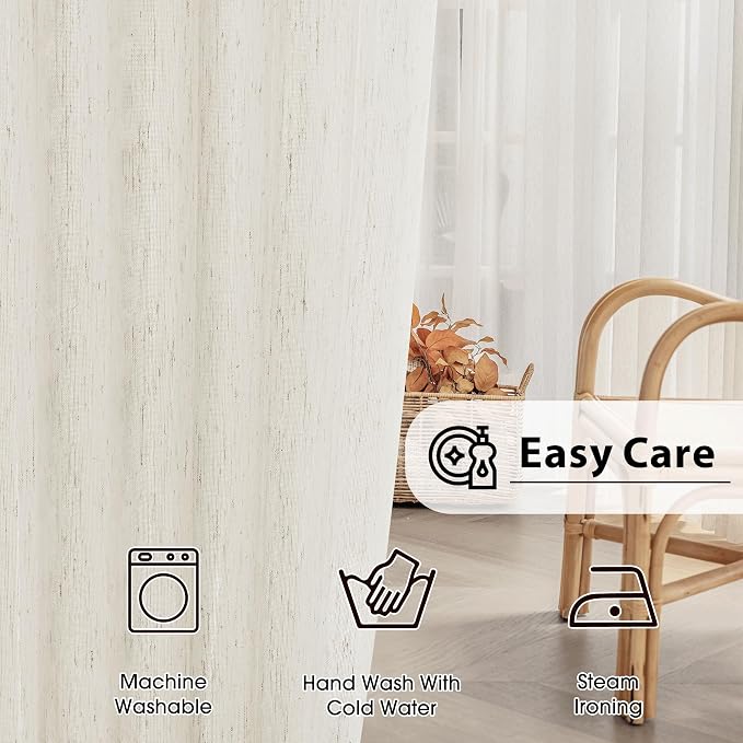 FMFUNCTEX Beige Linen Sheer Curtains, 63 Inches, 2 Panels for Bedroom | Natural Semi Sheer Drapes, Flax Linen, Rod Pocket, Light Filtering, Farmhouse French, Kitchen, Privacy, for Living Room