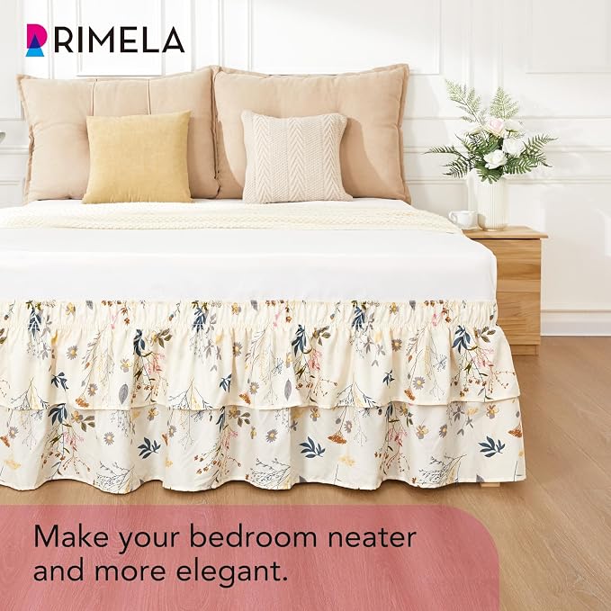 RIMELA Ruffle Bed Skirt Balloon Flower Floral Queen 15 Inch Drop, Elastic Wrap Around Bed Skirting Queen Size, Easy to Install Dust Ruffle, Machine Washable Soft Fabric, Multi Ruffle Bedskirt