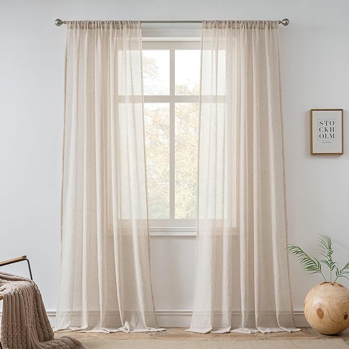 FMFUNCTEX Taupe Linen Sheer Curtains, 63 Inches, 2 Panels for Bedroom | Brown Semi Sheer Drapes, Flax Linen, Rod Pocket, Light Filtering, Farmhouse French, Kitchen, Privacy, for Living Room