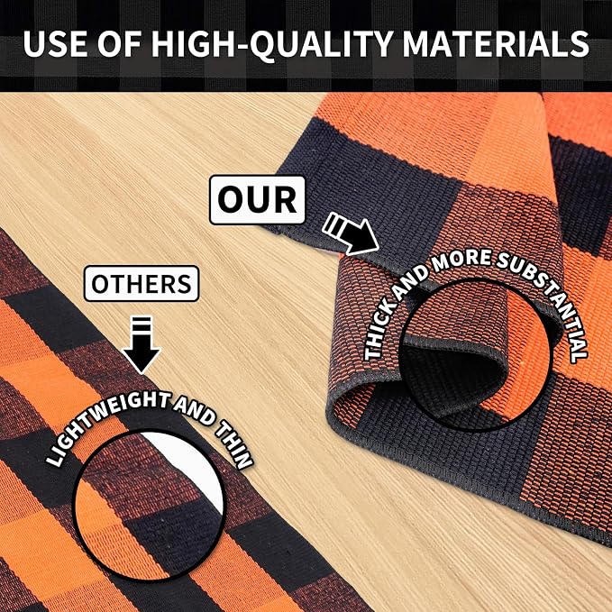 Buffalo Plaid Area Rug 27.5x43 in, Orange Black Indoor Outdoor Rug | Cotton Blend, Orange and Black Checkered, Machine Washable, Front Porch Entryway, Kitchen Bathroom