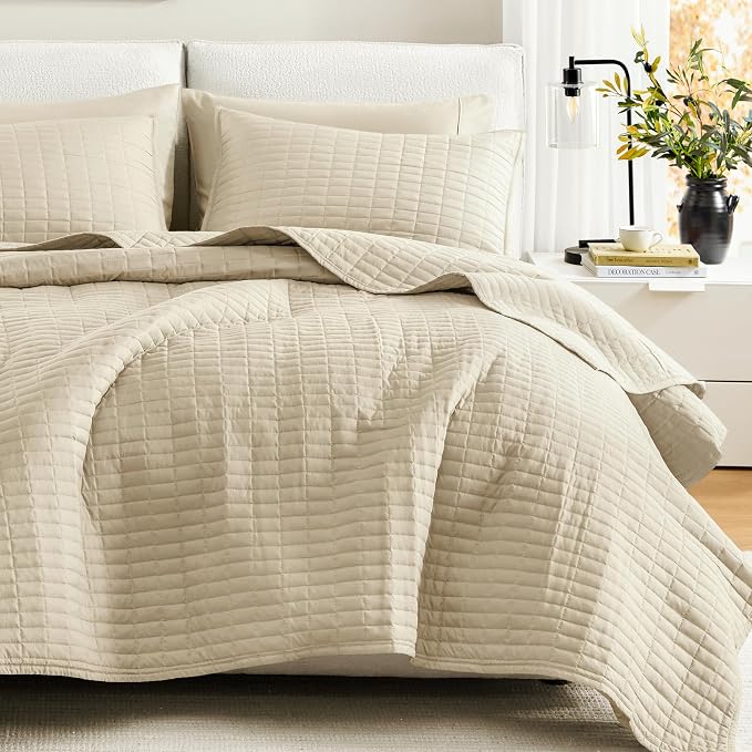 Comfort Spaces Kienna Queen Quilt Bedding Set 3 Piece, 90"x90" Ivory | Soft Cozy Lightweight Summer Coverlet Full Size, Quilted Bedspreads Extra Layer, Modern Casual Bedroom Decor, OEKO-TEX