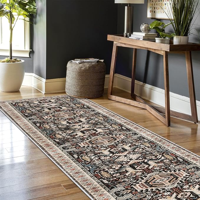 Washable Kitchen Runner Rug 2'6''x12' - Non-Slip Hallway Entryway Rugs with Rubber Backing Soft Thin Carpet for Bathroom Vintage Stain Resistant Indoor Home Decor Mat for Bedroom (Black, 2'6'' x 12')