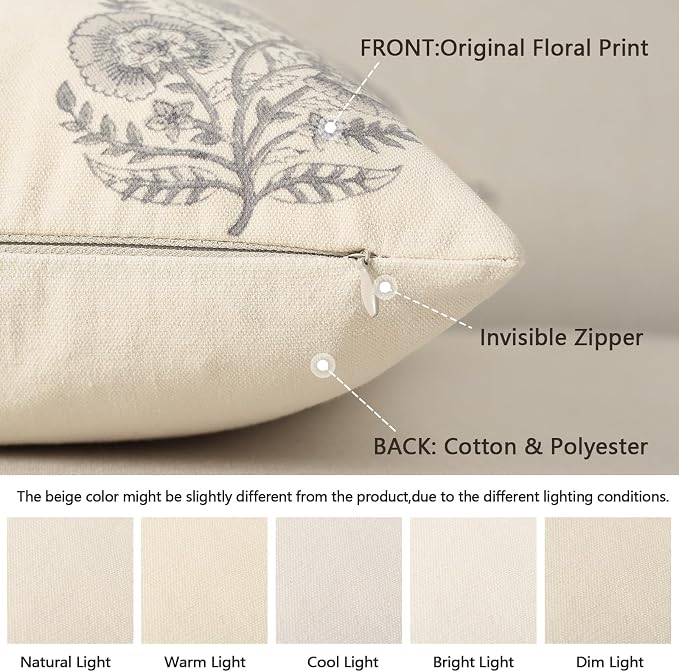 YCOLL Vintage Floral Print Pillow Covers 20x20 Set of 2 Patterned Accent Decorative Cushion Covers Modern Farmhouse Throw Pillow Covers for Sofa Couch Chair Bed Living Room Home Decor, Quiet Gray