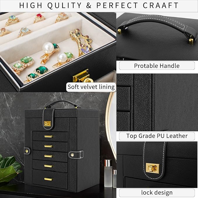 AKOZLIN 6-Tier Jewelry Box Organizer Functional 5 Drawers Leather Jewelry Storage Case for Women Girls Ring Necklace Earring Bracelet Holder Organizer with Mirror Black Regular