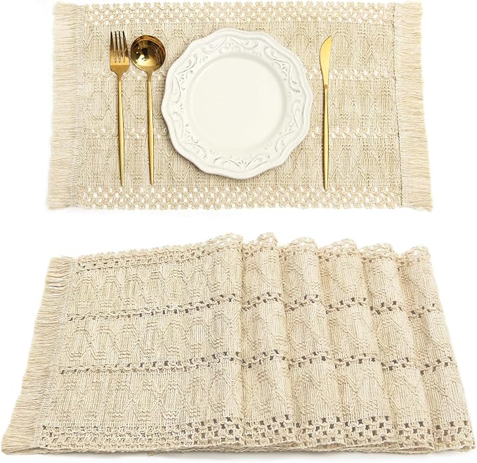 FEXIA Boho Placemats Set of 6 Table Mats Farmhouse Home Dining Decor | 12x20" Place Mat Set of 6 Macrame Table Decor Farmhouse Burlap Placemats for Home Dining Table Centerpiece Home Decorations