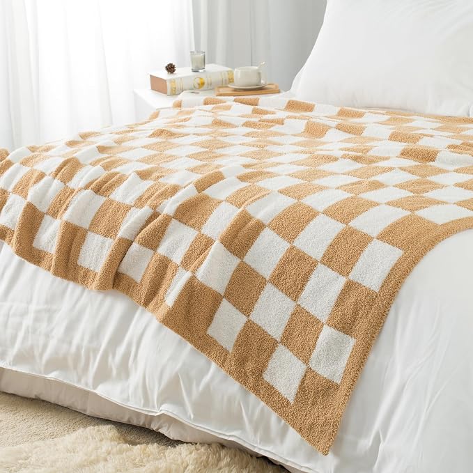 Carriediosa Checkered Throw Blanket 50x60, 400GSM Ultra Soft Microfiber | Tan Brown, Fuzzy Fluffy Cozy Plush Knit Knitted Plaid Checker, Lightweight Cute Preppy Fall Blankets & Throws for Couch, Bed