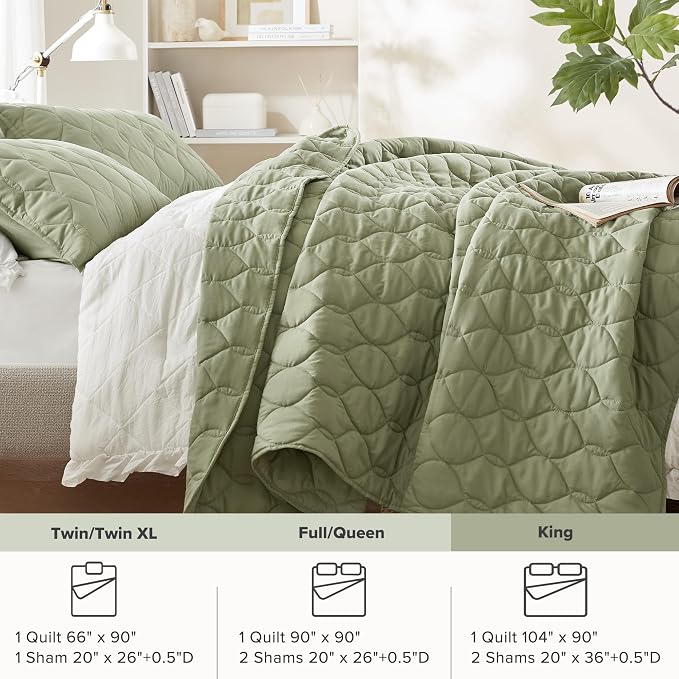 Comfort Spaces Kienna Bed Quilt Set King Size 3P, 104"x90" Olive Green Ogee | Soft Cozy Lightweight Summer Coverlet Cal King, Quilted Bedspreads Extra Layer, Modern Casual Bedroom Decor, OEKO-TEX