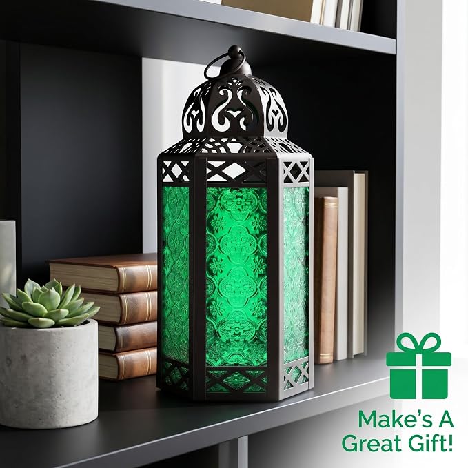 Vela Lanterns Decorative Indoor Candle Holder Table Centerpieces - Moroccan Hanging Outdoor Patio & Porch Home Decor, Turkish Lamp for Wedding, Ramadan (Large 12", Green Glass)