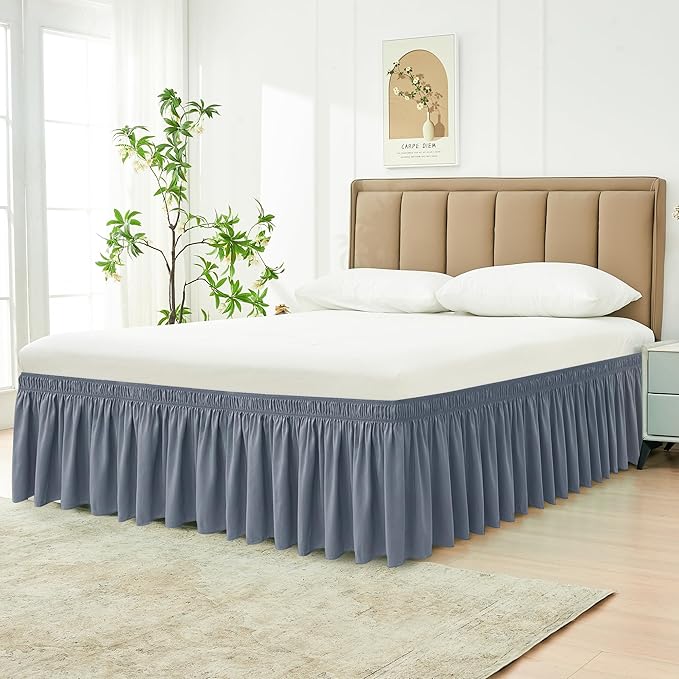Wrap Around Queen Size Bed Skirt 15 Inch Drop-Elastic Dust Ruffle Dark Grey | Adjustable Pleated Bedskirt-Easy Fit Wrinkle Resistant Washable Hotel Quality Fabric Bed Skirting-Master Guest Bedroom Rental