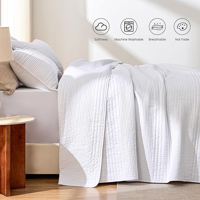 Love's cabin Queen Size Cotton Quilt Set, 100% Cotton Fabric Striped Textured Coverlet with Crinkled Look, Lightweight Quilted Bedspread for All Season, Includes 2 Pillow Shams, White | Lightweight