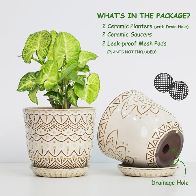 Gepege Ceramic Plant Pots, 6 Inch Indoor Planters with Drainage & Saucers | Ceramic pots for plants with drainage holes, ceramic saucers and mesh pads, ideal for flowers, herbs and succulents, set of 2