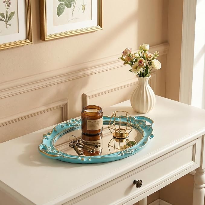 Oval Vintage Decorative Mirror Tray, Jewelry Dresser Organizer Tray, Cosmetics Makeup Storage Organizer, Serving Tray (9.8”x 14.6”) Blue