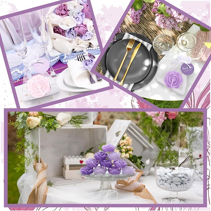 Treela 50 Set Rose Flower Candles, Purple Wedding Favors for Guests
