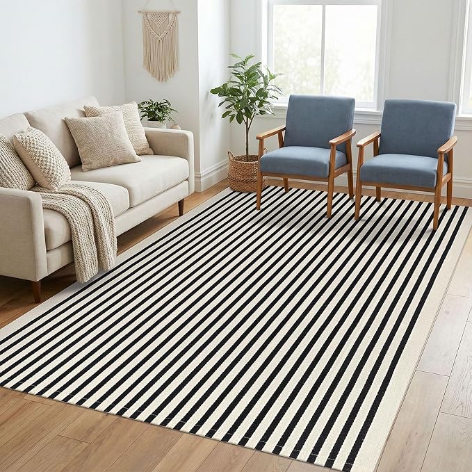 KILOCOCO Beige Striped Rug 5x7 Area Rugs for Living Room Washable Porch Rug | Machine Washable Front Door Rug, Cotton Outdoor Rugs, Low Pile Bedroom Rug, Woven Layered Rugs for Patio Dining Room