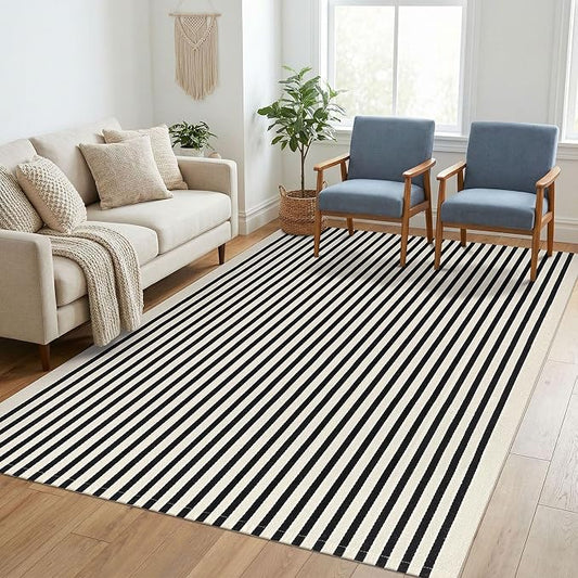 KILOCOCO Beige Striped Rug 5x7 Area Rugs for Living Room Washable Porch Rug | Machine Washable Front Door Rug, Cotton Outdoor Rugs, Low Pile Bedroom Rug, Woven Layered Rugs for Patio Dining Room