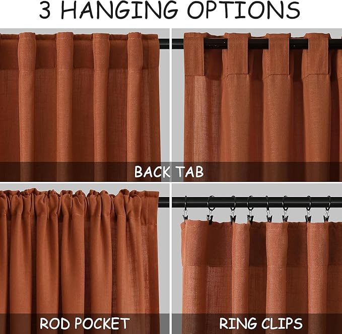 Extra Wide Terracotta Curtains for Living Room 102 Inches Long Back Tab and Rod Pocket Linen Semi Sheer Farmhouse Boho Floor to Ceiling Curtain for Bedroom Office Luxury 100x102, 2 Panels