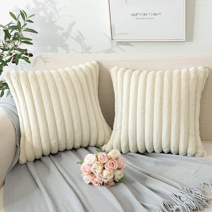 Soleebee Set of 2 Throw Pillow Covers Soft Cozy Velvet Pillowcase Faux Rabbit Fur Cover for Couch Sofa Bed Chair Home Decorative Pillows Cover (18x18 Inch, Ivory White)