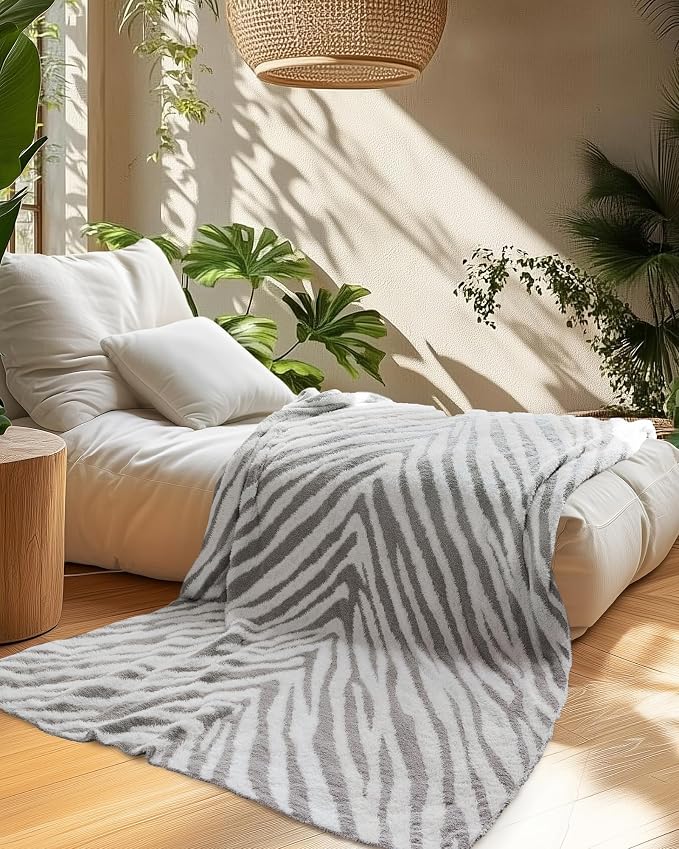 Knit Throw Blanket for Couch, Soft Cozy Fluffy Knitted Blanket for Sofa, Bed, Gift for Women Girls Home Decor (Zebra-Grey, Throw 50"x60")