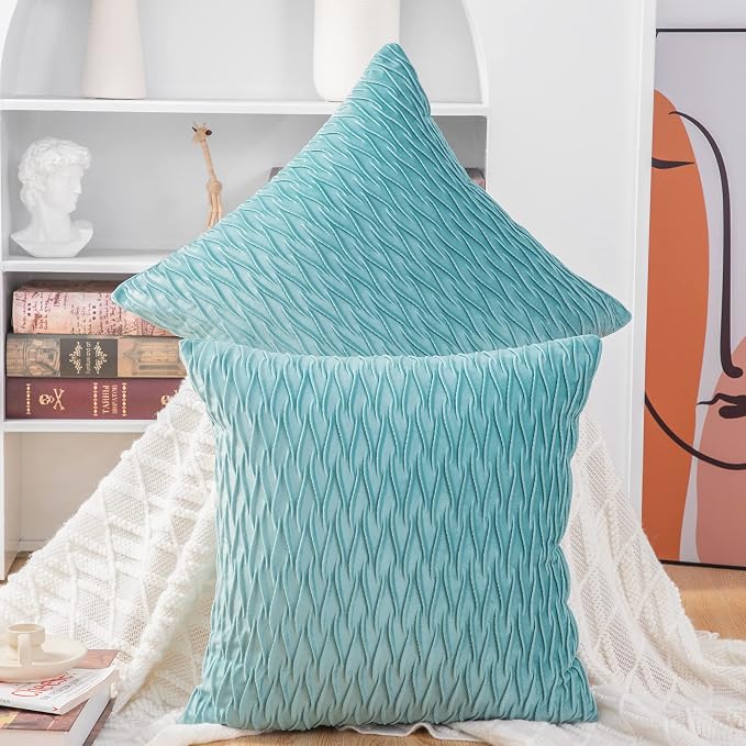 MADIZZ Set of 2 Super Soft Velvet Decorative Throw Pillow Covers 18x18 inch Aqua Square with Texture Luxury Style Cushion Case Pillow Shell for Sofa Bedroom